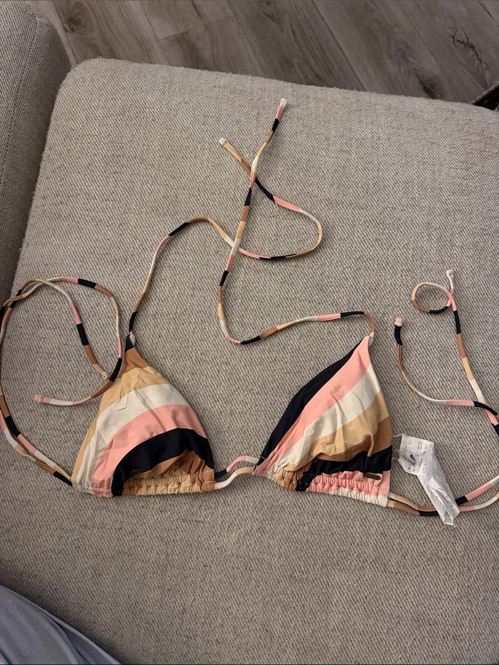 Rip Curl Striped Triangle Bikini Top in Pink, Black, Tan, Cream